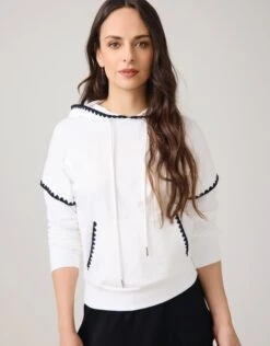 AVID Pull On Hoodie With Crochet Trim Ivory Black