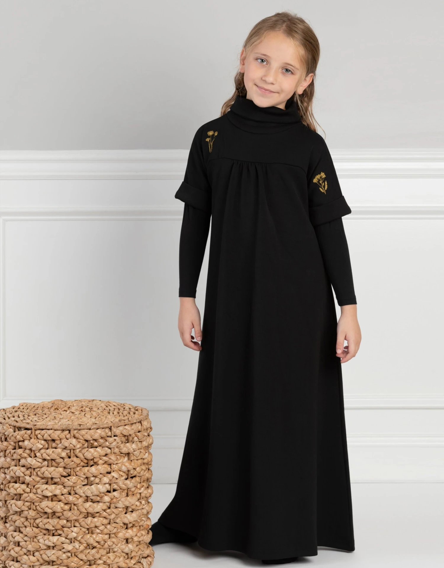 Girls Embroidered Maxi Dress Shabbos Robe With Attached Shell Sleeves 1 Girls Embroidered Maxi Dress Shabbos Robe With Attached Shell Sleeves