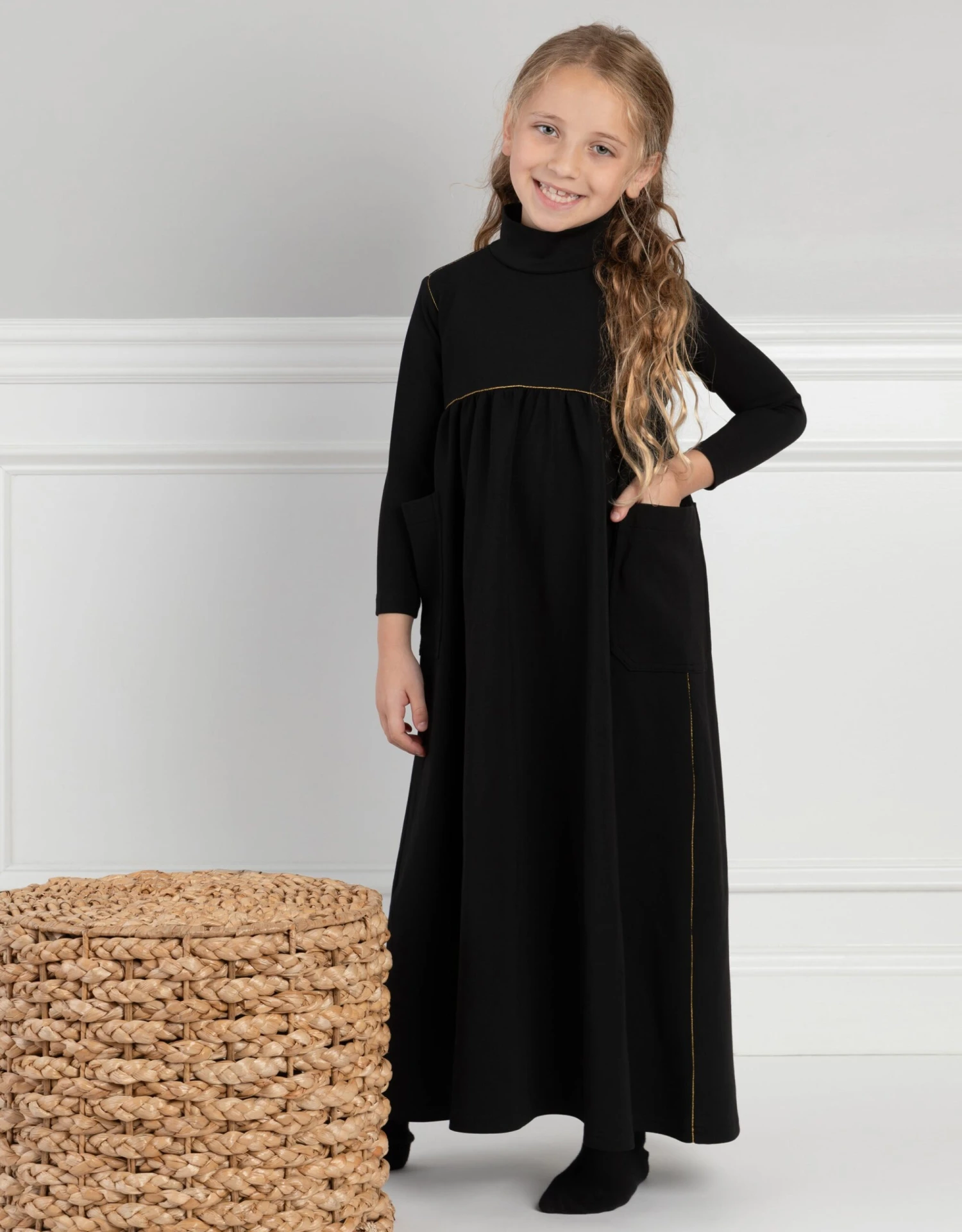 Girls Maxi Dress Shabbos Robe With Gold Accent Stitching 1 Girls Maxi Dress Shabbos Robe With Gold Accent Stitching