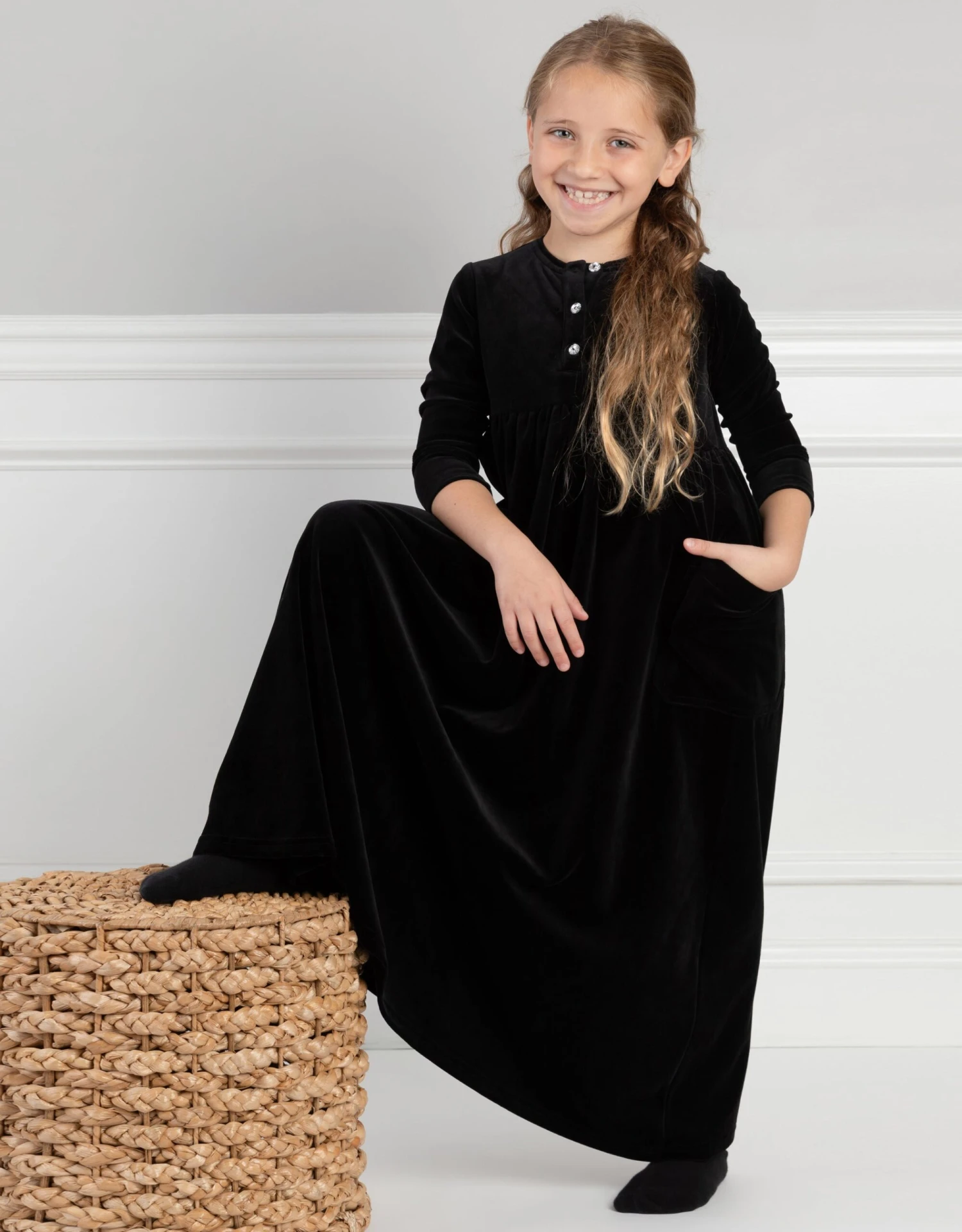 Girls Velour Maxi Dress Shabbos Robe With Patch Pockets And Jewel Buttons Black 2 Girls Velour Maxi Dress Shabbos Robe With Patch Pockets And Jewel Buttons Black - Image 2