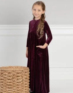 Girls Velour Maxi Dress Shabbos Robe With Patch Pockets And Jewel Buttons Eggplant