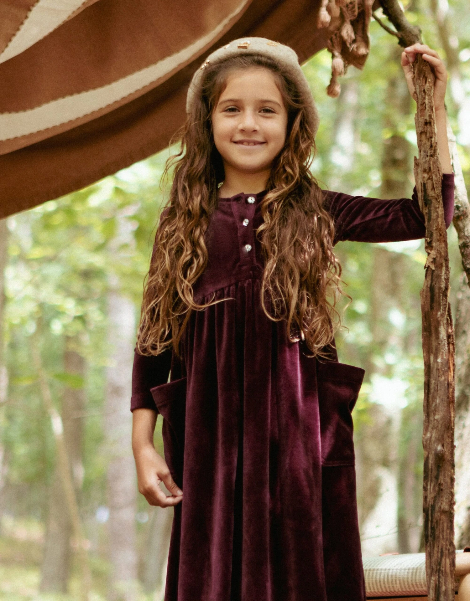 Girls Velour Maxi Dress Shabbos Robe With Patch Pockets And Jewel Buttons Eggplant 2 Girls Velour Maxi Dress Shabbos Robe With Patch Pockets And Jewel Buttons Eggplant - Image 2