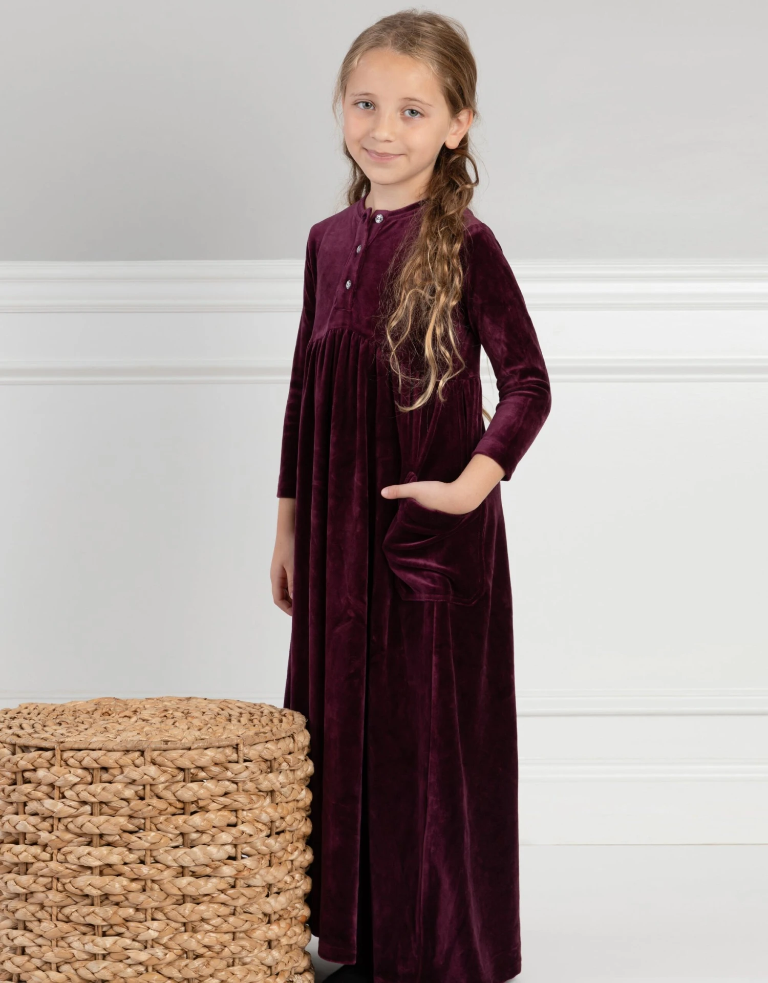 Girls Velour Maxi Dress Shabbos Robe With Patch Pockets And Jewel Buttons Eggplant 1 Girls Velour Maxi Dress Shabbos Robe With Patch Pockets And Jewel Buttons Eggplant