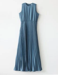 Cactus Satin Sleeveless Lined Maxi Dress Shabbos Robe With Accordian Pleats Light Blue