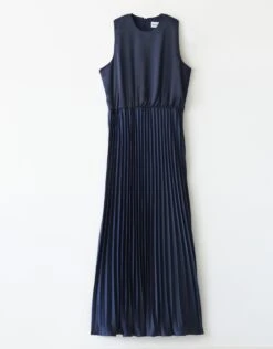 Cactus Satin Sleeveless Lined Maxi Dress Shabbos Robe With Accordian Pleats Navy