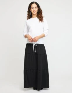 42" Tiered Skirt With Self Binding And Covered Elastic Waistband Black 5 42" Tiered Skirt With Self Binding And Covered Elastic Waistband Black -Fashionable Home Wear DrawstringRib.White d764506c 1288 4a3c 8d80 9c8b83620822