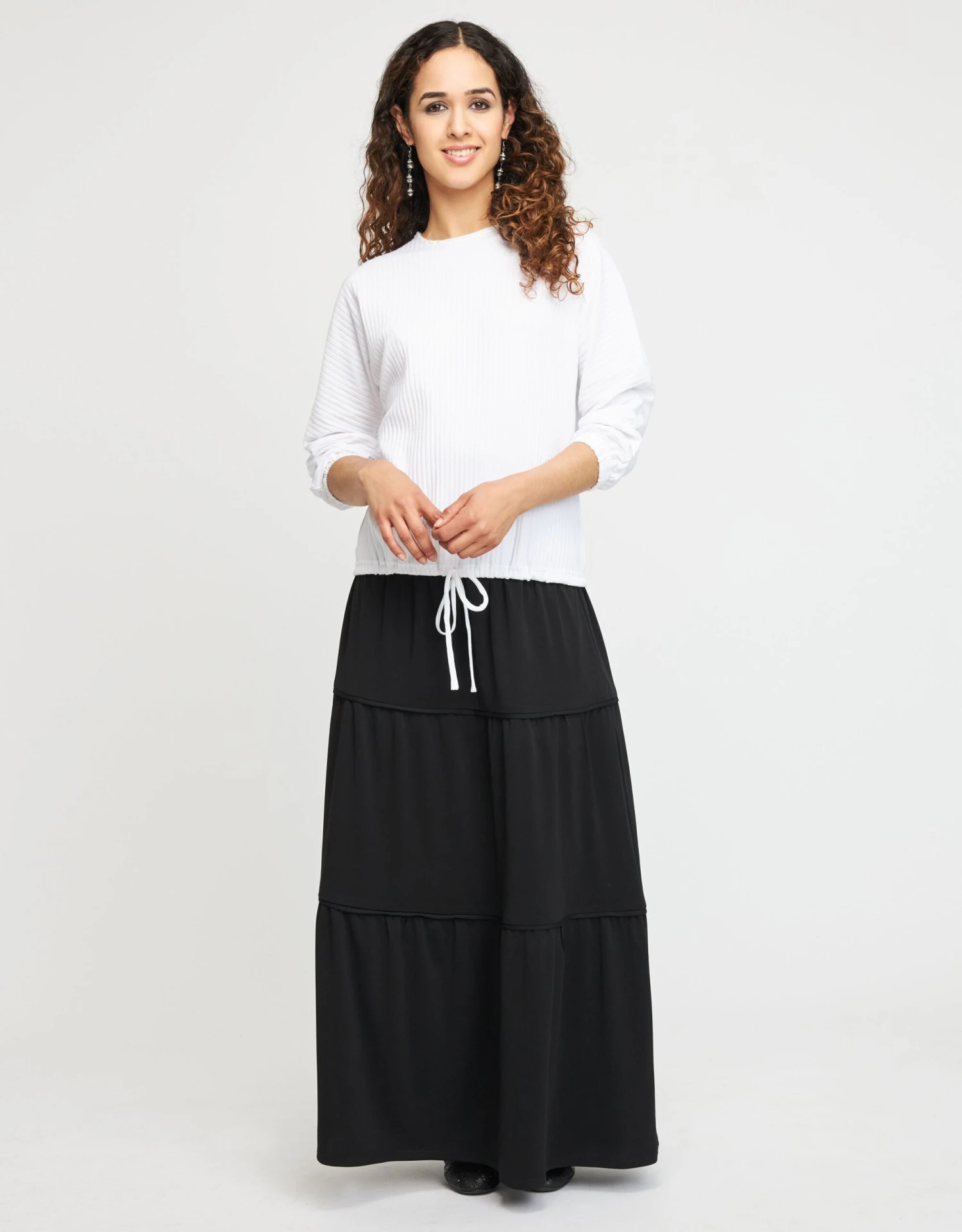 42" Tiered Skirt With Self Binding And Covered Elastic Waistband Black 3 42" Tiered Skirt With Self Binding And Covered Elastic Waistband Black - Image 3