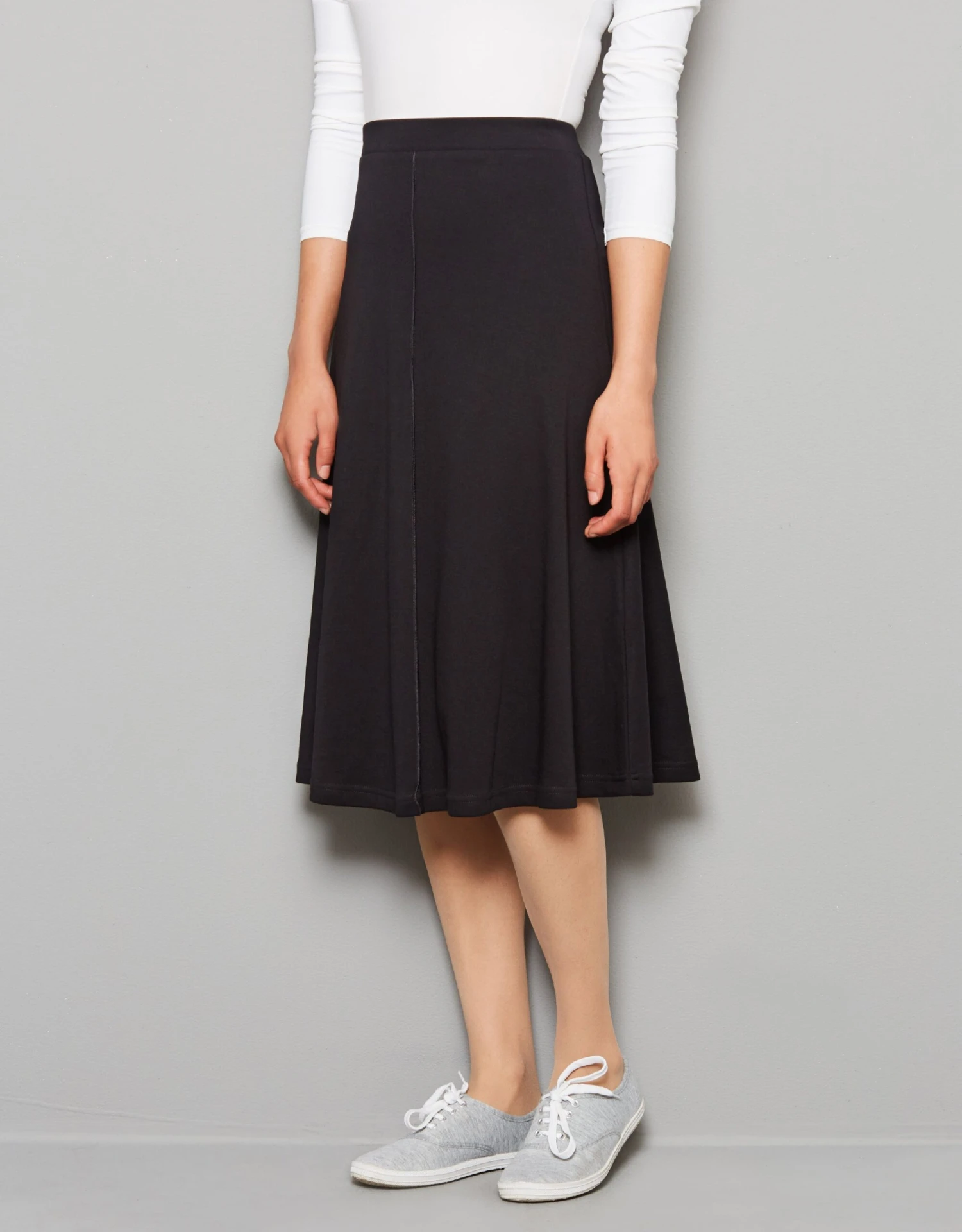 27"-29"-34"-37" Aline Seamed Lightweight Jersey Skirt With Covered Elastic Waistband Black 1 27"-29"-34"-37" Aline Seamed Lightweight Jersey Skirt With Covered Elastic Waistband Black