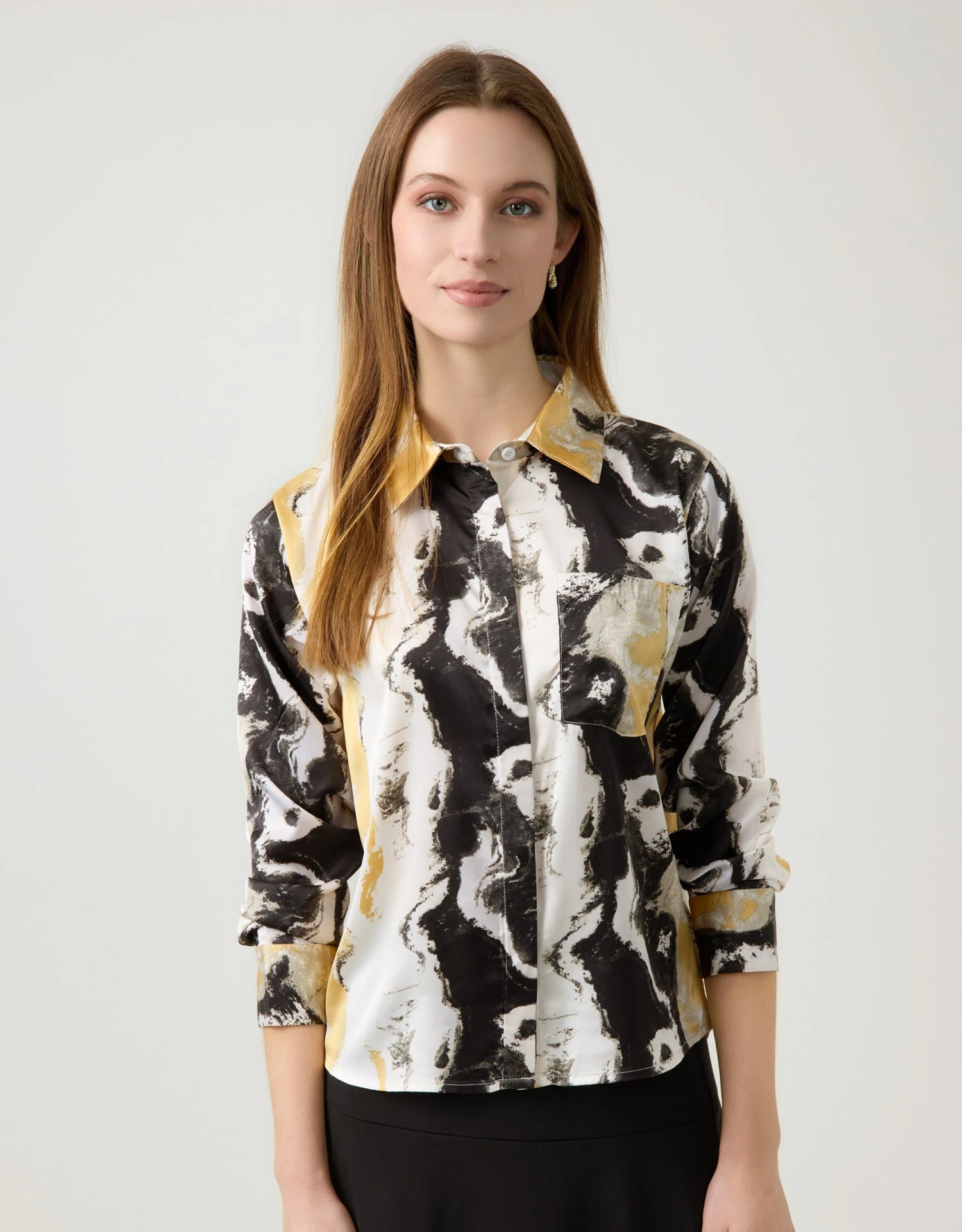 Print Satin Shirt With Pocket Colorwash Gold Black 1 Print Satin Shirt With Pocket Colorwash Gold Black