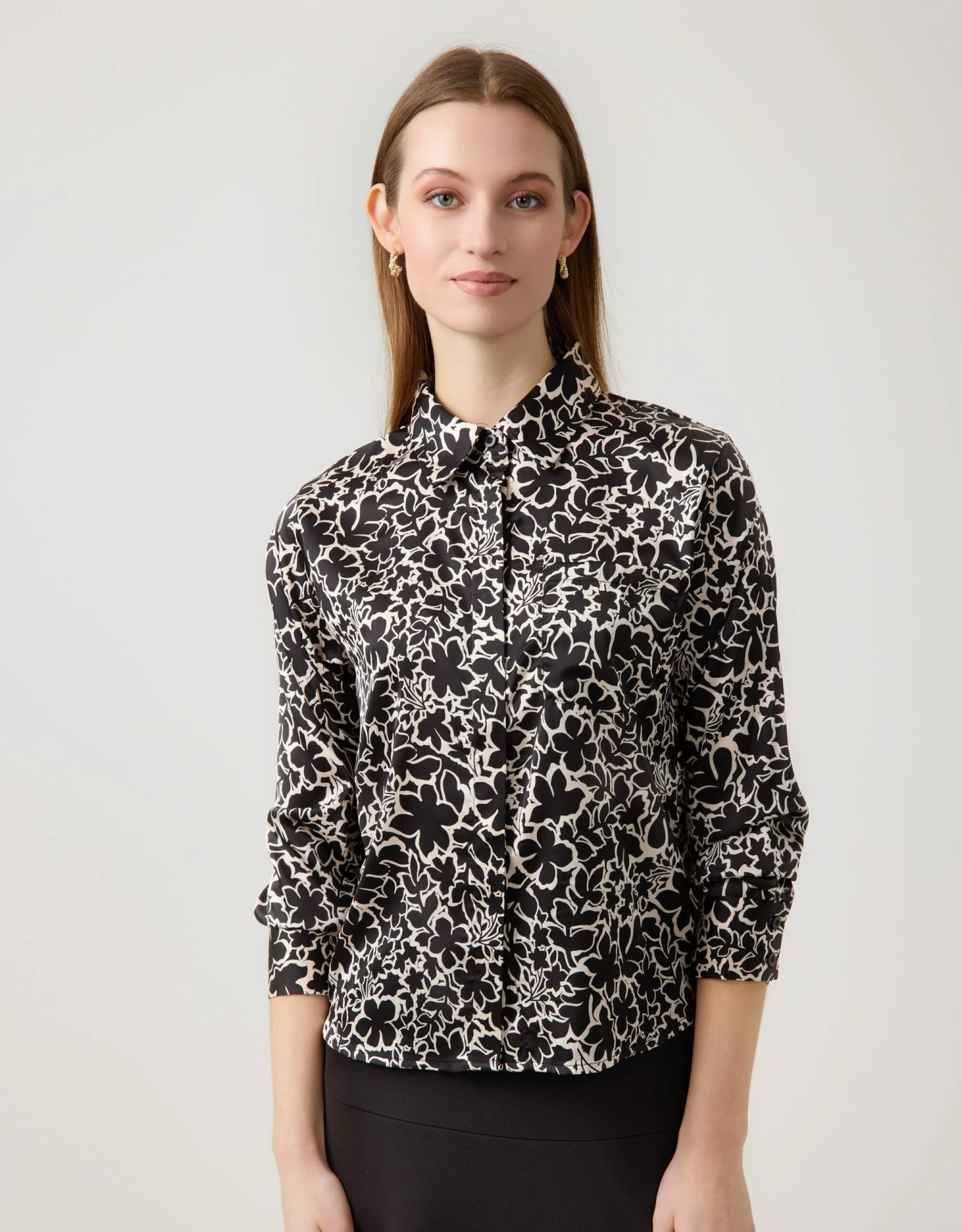 Print Satin Shirt With Pocket Leaf Pattern Black Ivory 1 Print Satin Shirt With Pocket Leaf Pattern Black Ivory