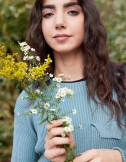 Cropped Ribbed Sweater With Pocket And Shoulder Detail Blue