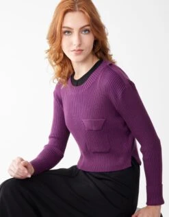 Cropped Ribbed Sweater With Pocket And Shoulder Detail Violet