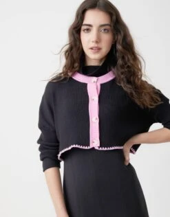 Cropped Button Cardigan With Picot Trim Black