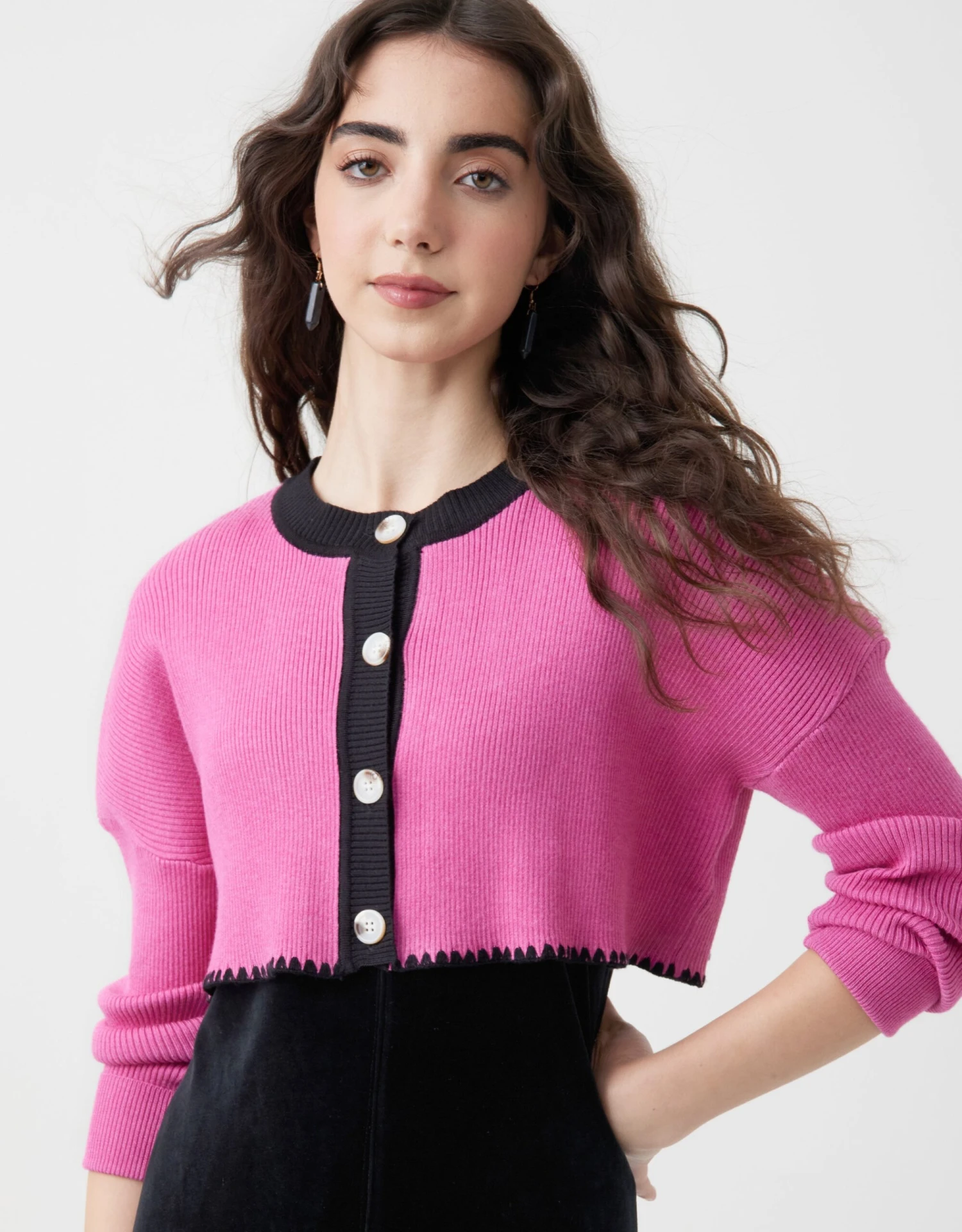Cropped Button Cardigan With Picot Trim Candy 1 Cropped Button Cardigan With Picot Trim Candy