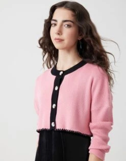 Fashionable Home Wear 25 Cropped Button Cardigan With Picot Trim Pink