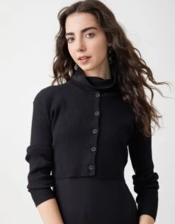 Ribbed Cropped Button Cardigan Black