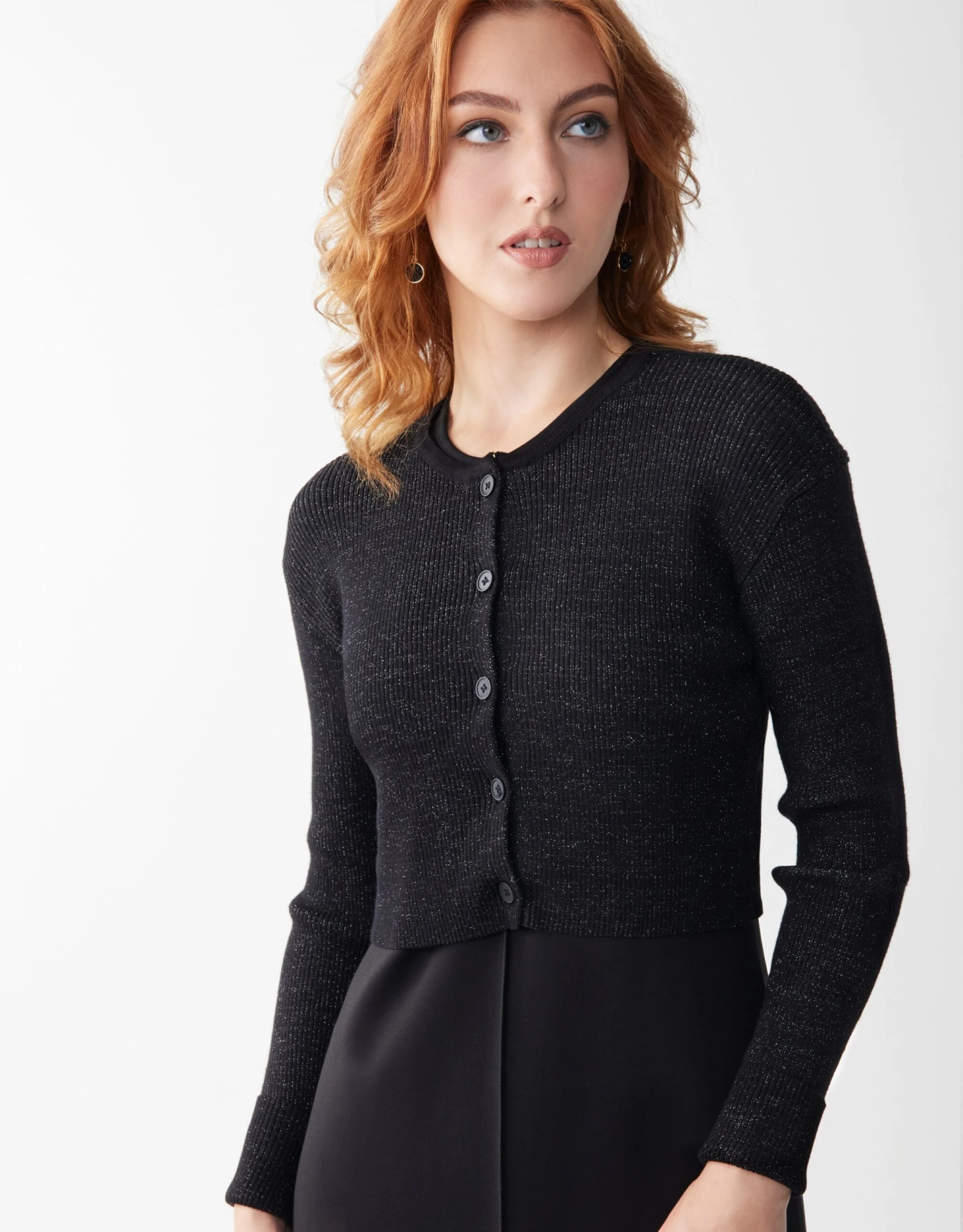 Sparkly Ribbed Cropped Button Cardigan Black 1 Sparkly Ribbed Cropped Button Cardigan Black