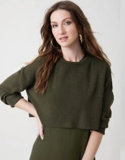 Ribbed Cropped Crewneck Top Olive