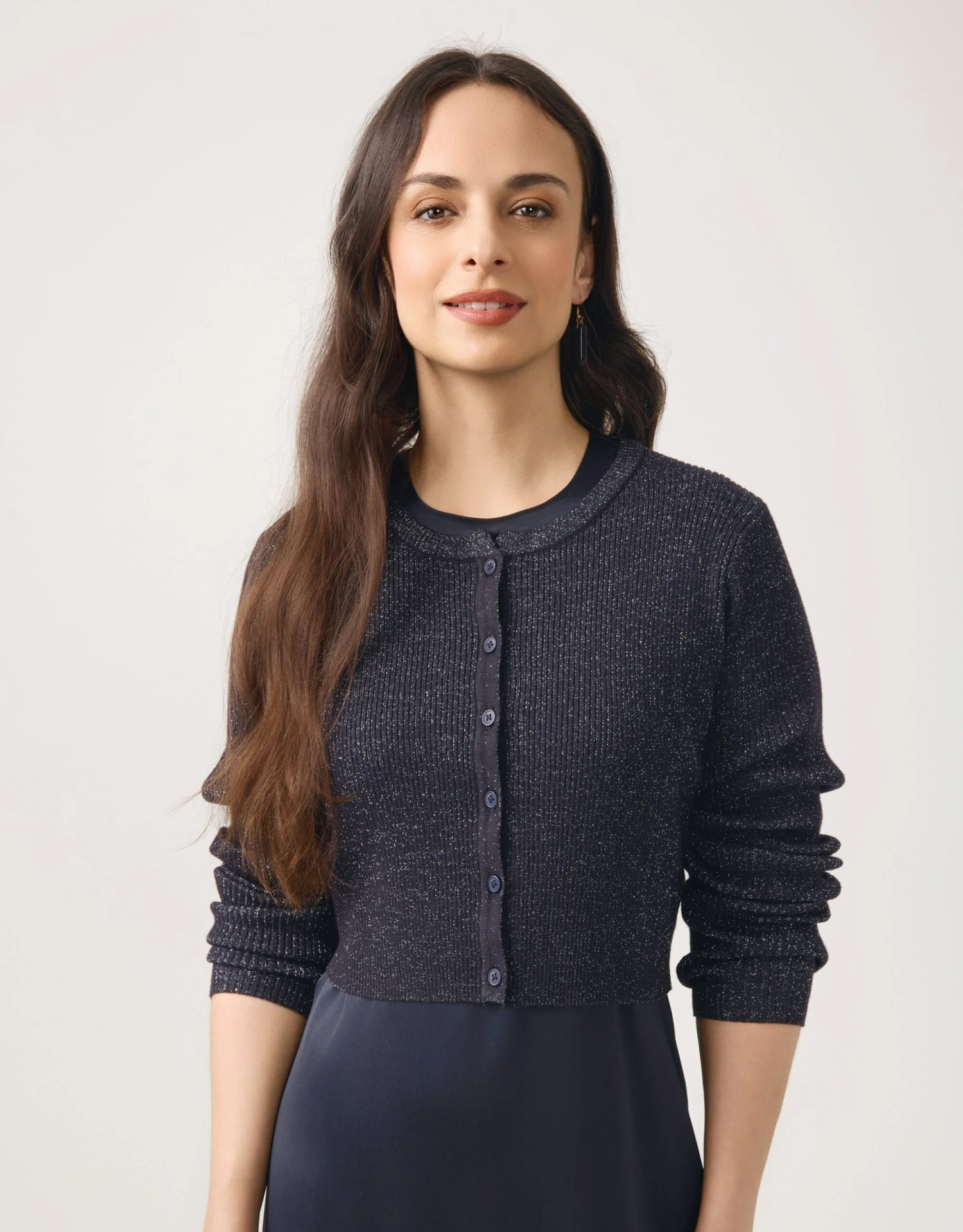 Cropped Ribbed Metallic Button Cardigan BLACK 2 Cropped Ribbed Metallic Button Cardigan BLACK - Image 2