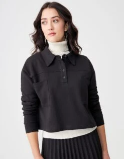 Cactus French Terry Cropped Button Collar Top With Back Pleat Black -Fashionable Home Wear GFWSL2316 CropCollarTop.Blk