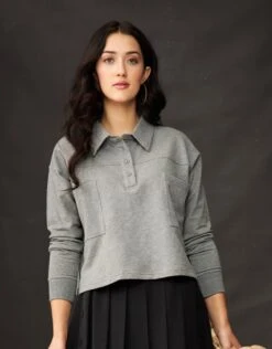 Cactus French Terry Cropped Button Collar Top With Back Pleat Heather Gray 6 Cactus French Terry Cropped Button Collar Top With Back Pleat Heather Gray -Fashionable Home Wear GFWSL2316 CropCollarTop.Gray2