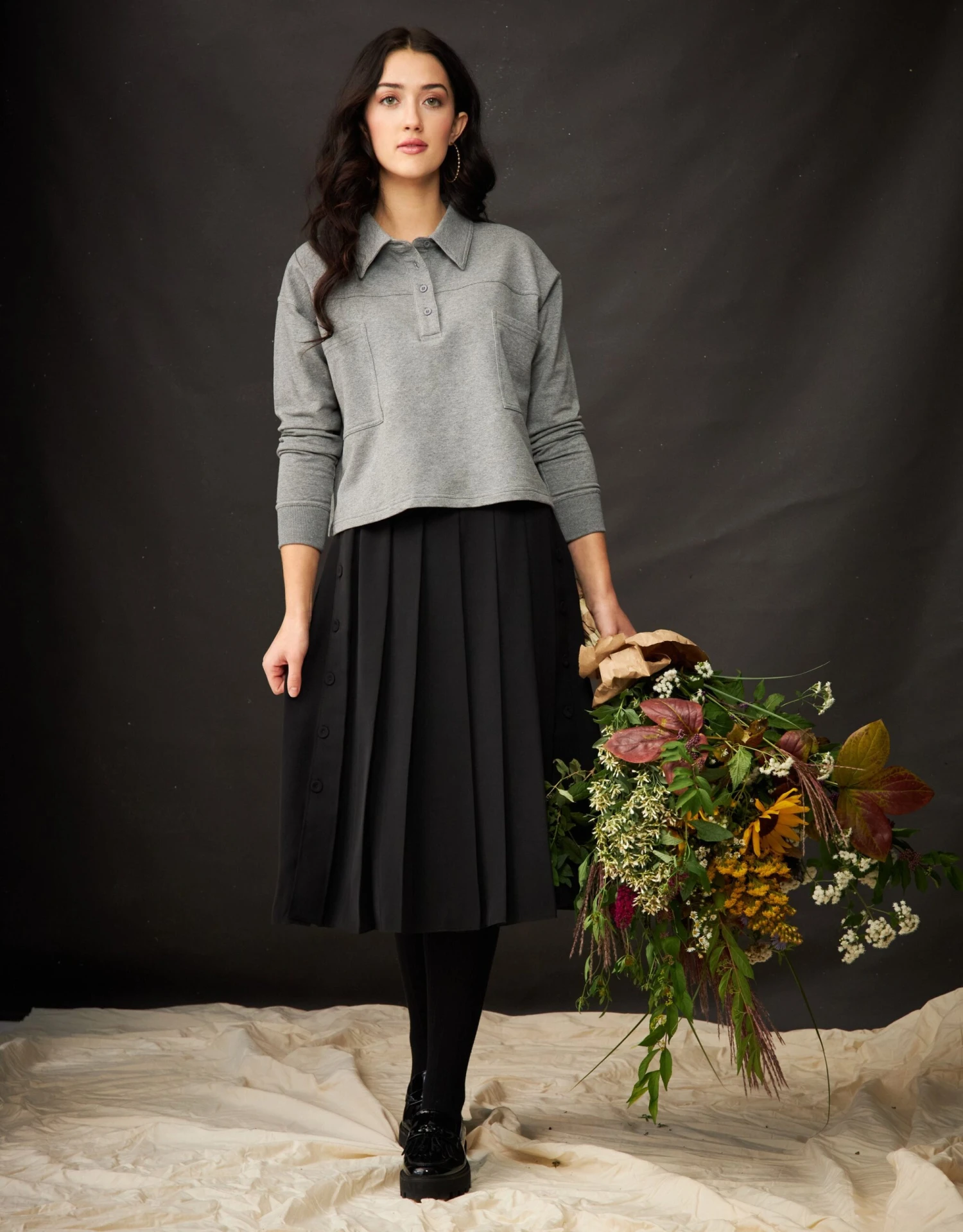 Cactus French Terry Cropped Button Collar Top With Back Pleat Heather Gray 2 Cactus French Terry Cropped Button Collar Top With Back Pleat Heather Gray - Image 2