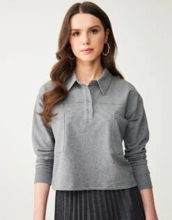 Cactus French Terry Cropped Button Collar Top With Back Pleat Heather Gray