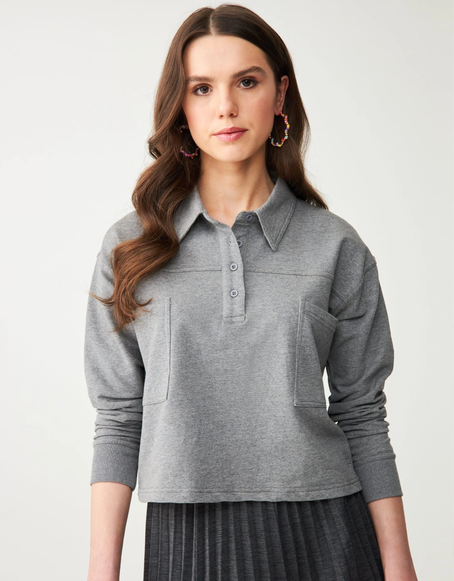Cactus French Terry Cropped Button Collar Top With Back Pleat Heather Gray 1 Cactus French Terry Cropped Button Collar Top With Back Pleat Heather Gray