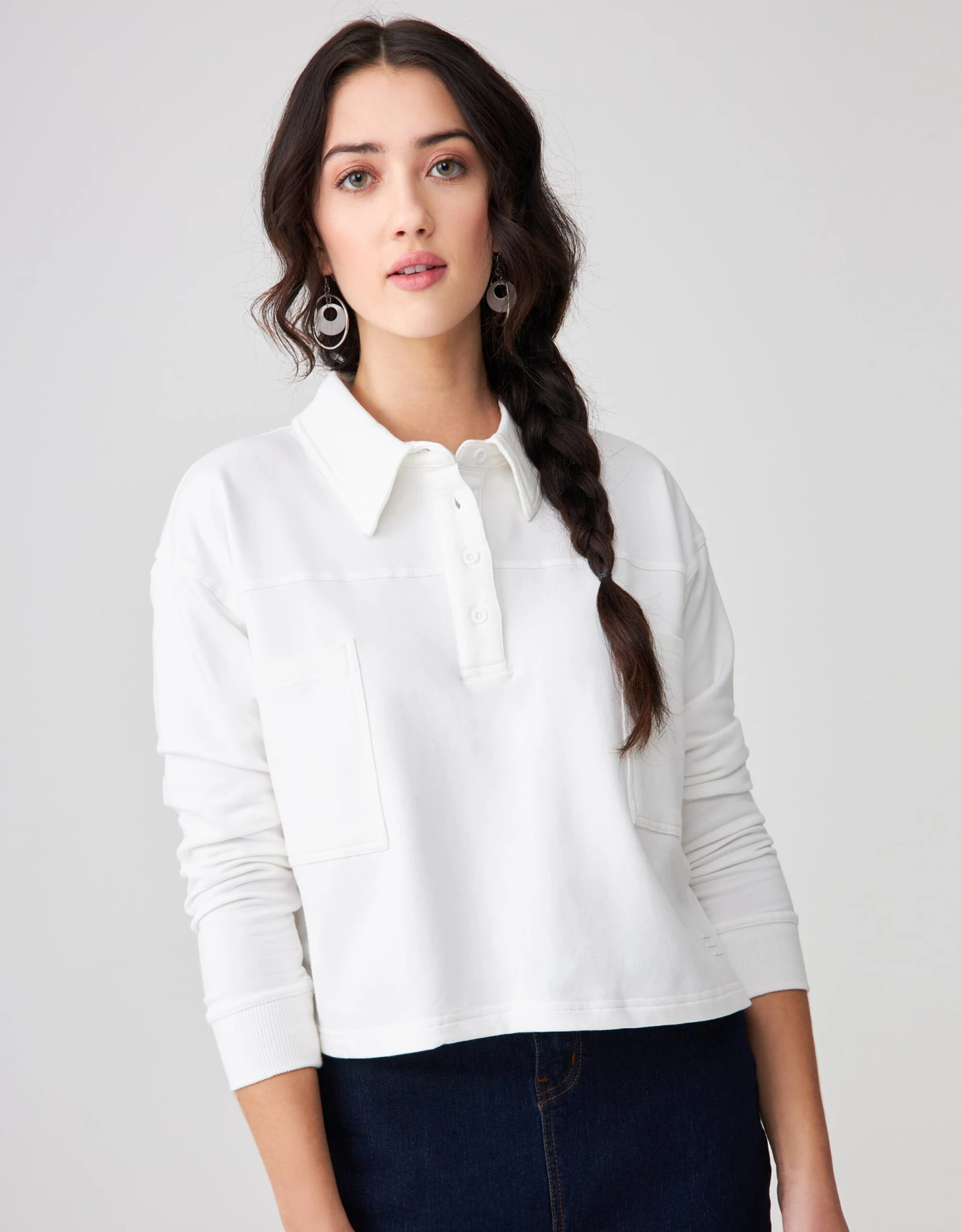 Cactus French Terry Cropped Button Collar Top With Back Pleat White 1 Cactus French Terry Cropped Button Collar Top With Back Pleat White