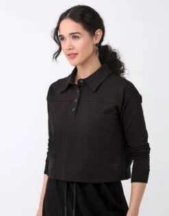 Cactus French Terry Cropped Button Collar Top With Back Pleat Black