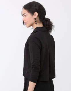 Cactus French Terry Cropped Button Collar Top With Back Pleat Black -Fashionable Home Wear GFWSL2316 FTButtonCollarPocket.Blk3