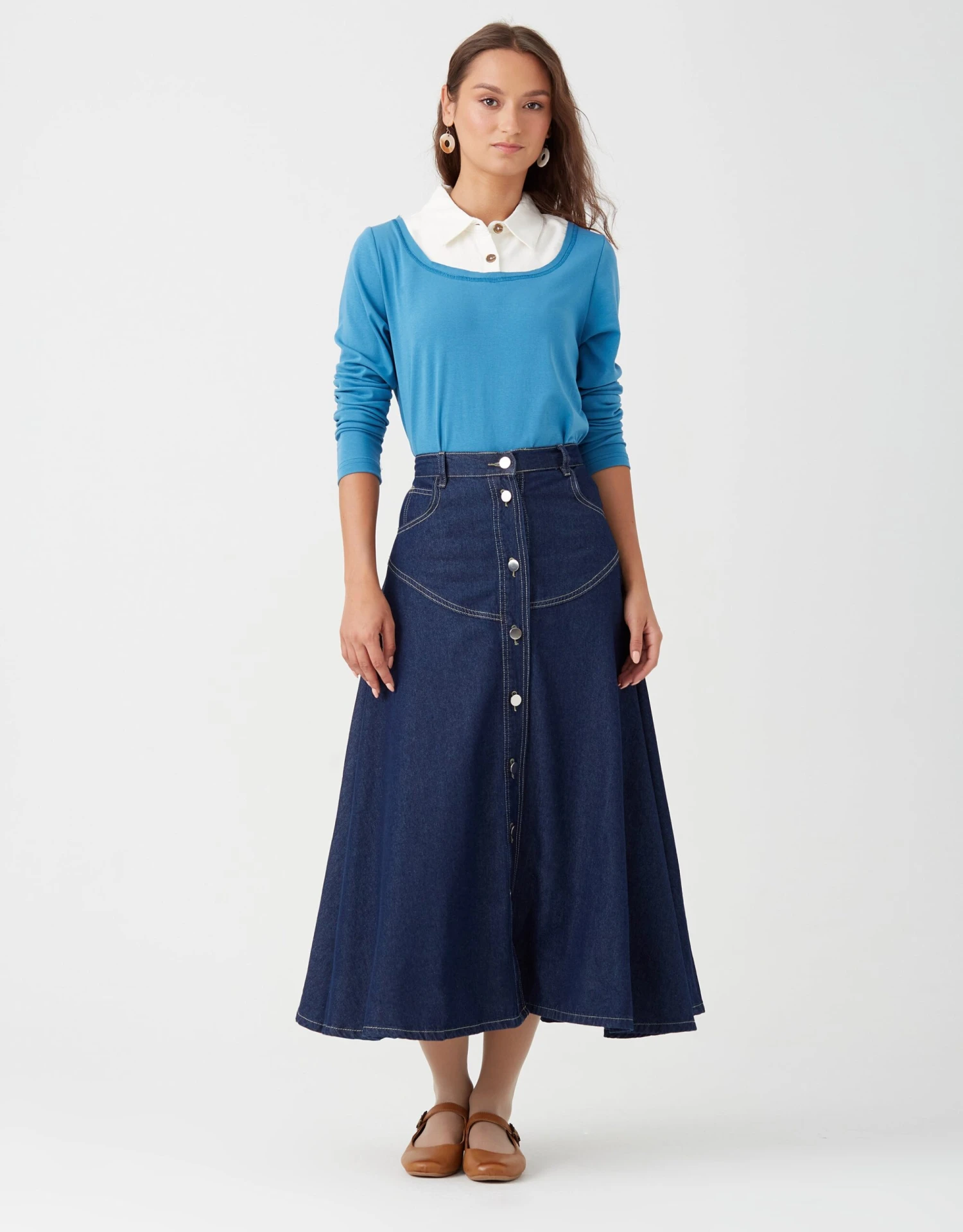 33" Western Stud Button Skirt Dark Blue Denim 3 33" Western Stud Button Skirt Dark Blue Denim - Image 3
