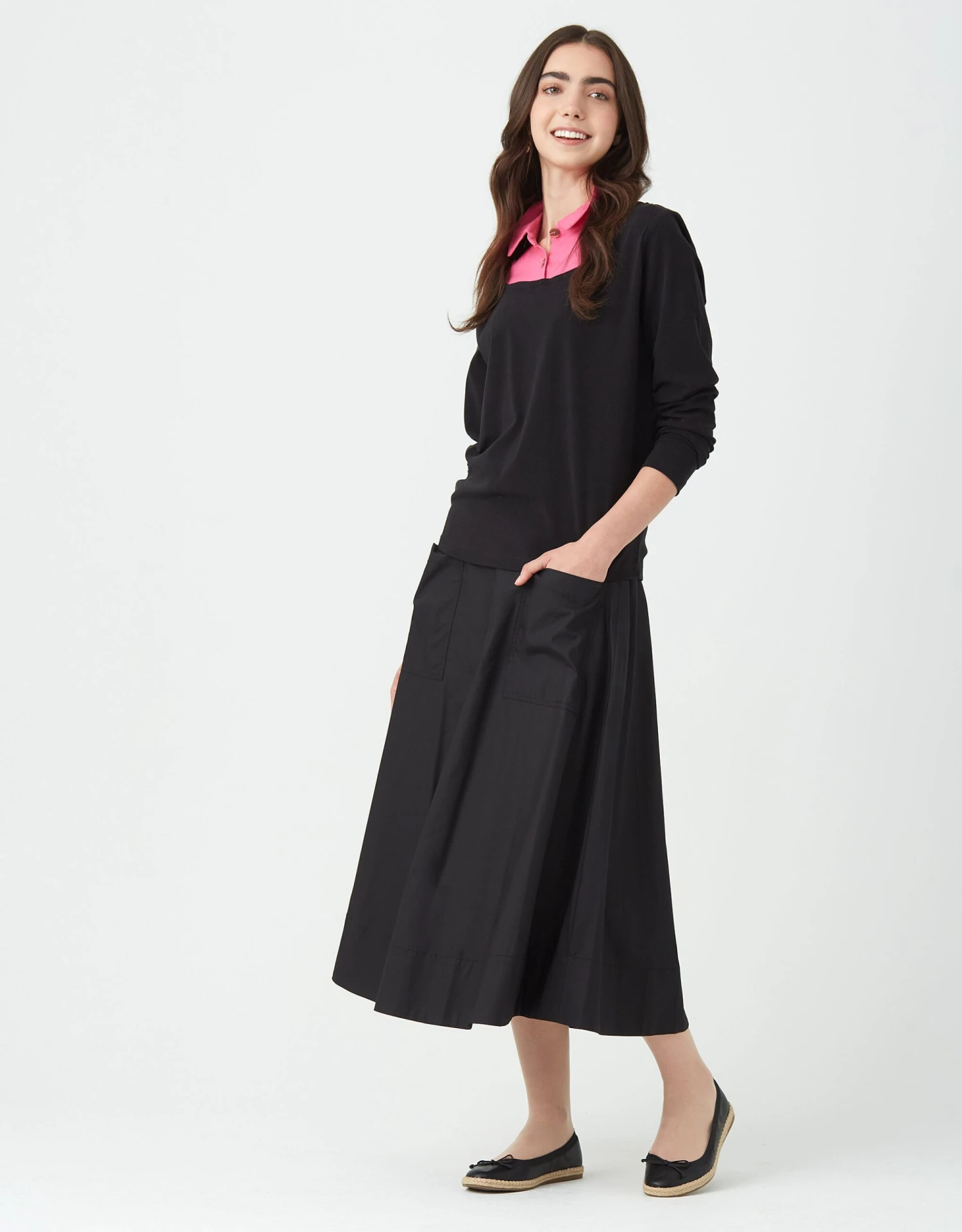 33" Lined Aline Patch Pocket Skirt Black Poplin 2 33" Lined Aline Patch Pocket Skirt Black Poplin - Image 2