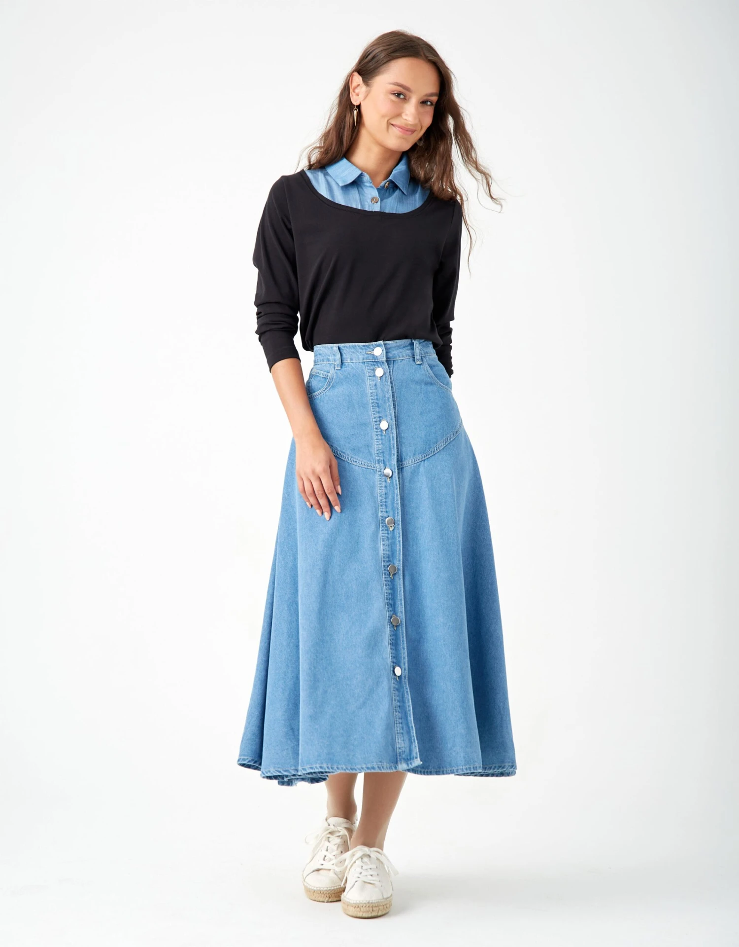 33" Western Stud Button Skirt Medium Blue Denim 2 33" Western Stud Button Skirt Medium Blue Denim - Image 2