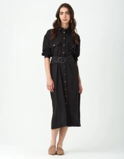Cactus Rayon Button Down Dress With Cargo Pockets Black