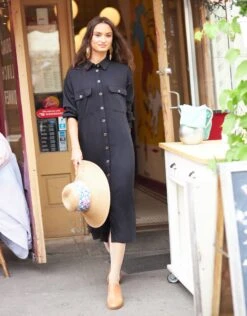 Cactus Linen Button Down Dress With Cargo Pockets Black