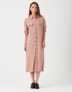 Cactus Linen Button Down Dress With Cargo Pockets Rose
