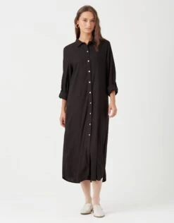 Cactus Linen Button Down Dress With Tabbed Sleeves Black