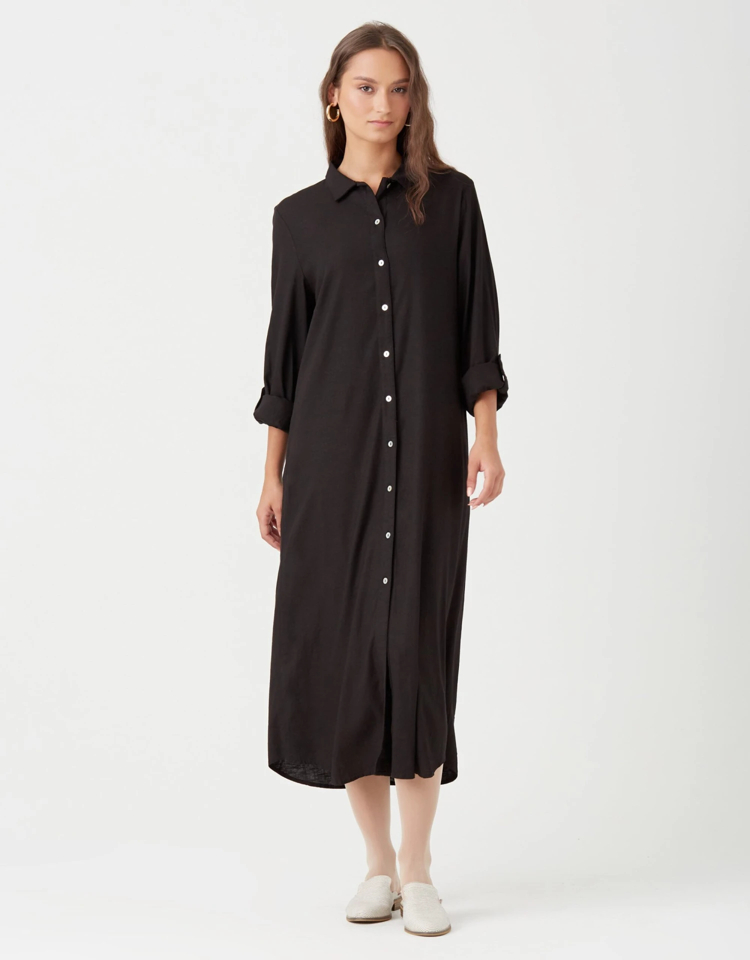 Cactus Linen Button Down Dress With Tabbed Sleeves Black 1 Cactus Linen Button Down Dress With Tabbed Sleeves Black