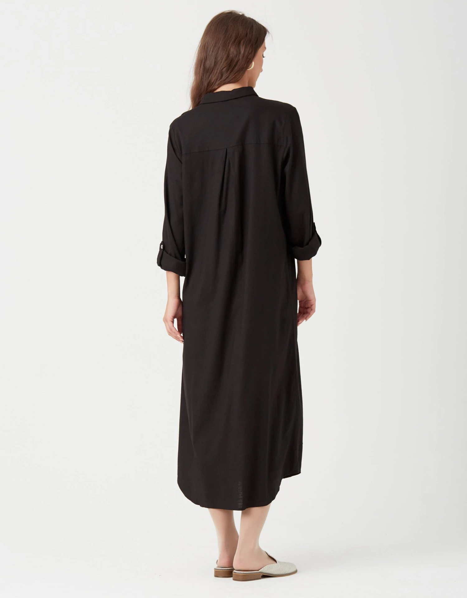 Cactus Linen Button Down Dress With Tabbed Sleeves Black 2 Cactus Linen Button Down Dress With Tabbed Sleeves Black - Image 2