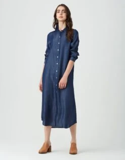 Cactus Denim Button Down Dress With Tabbed Sleeves Dark Blue