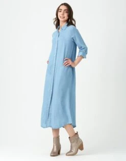 Cactus Linen Button Down Dress With Tabbed Sleeves Denim Wash -Fashionable Home Wear GLSP24122 SleeveTabs.LtDenimWash2 d77f73dd 642f 466f 8e54 781c37906d9e