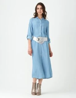 Cactus Linen Button Down Dress With Tabbed Sleeves Denim Wash -Fashionable Home Wear GLSP24122 SleeveTabs.LtDenimWash 33975684 5a53 4c85 adf0 3f135e901ef5