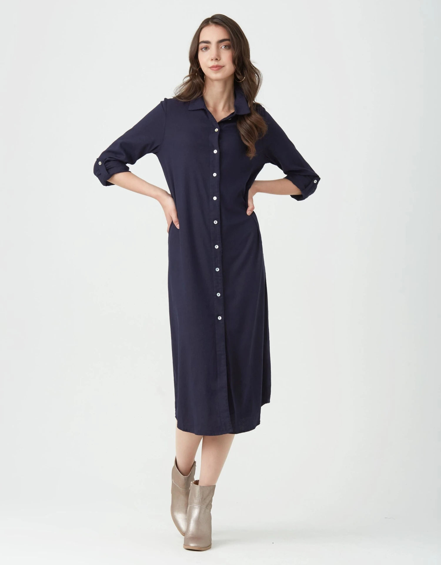 Cactus Linen Button Down Dress With Tabbed Sleeves Navy 1 Cactus Linen Button Down Dress With Tabbed Sleeves Navy