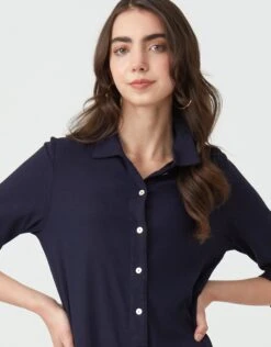 Cactus Linen Button Down Dress With Tabbed Sleeves Navy 5 Cactus Linen Button Down Dress With Tabbed Sleeves Navy -Fashionable Home Wear GLSP24122 SleeveTabs.NavyLinen3