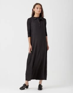 Cactus Linen Sleeveless Maxi Dress With Button Placket Black