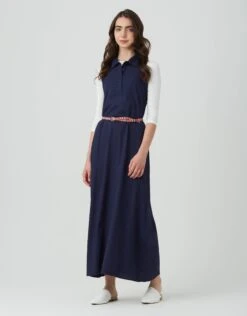 Cactus Linen Sleeveless Maxi Dress With Button Placket Navy