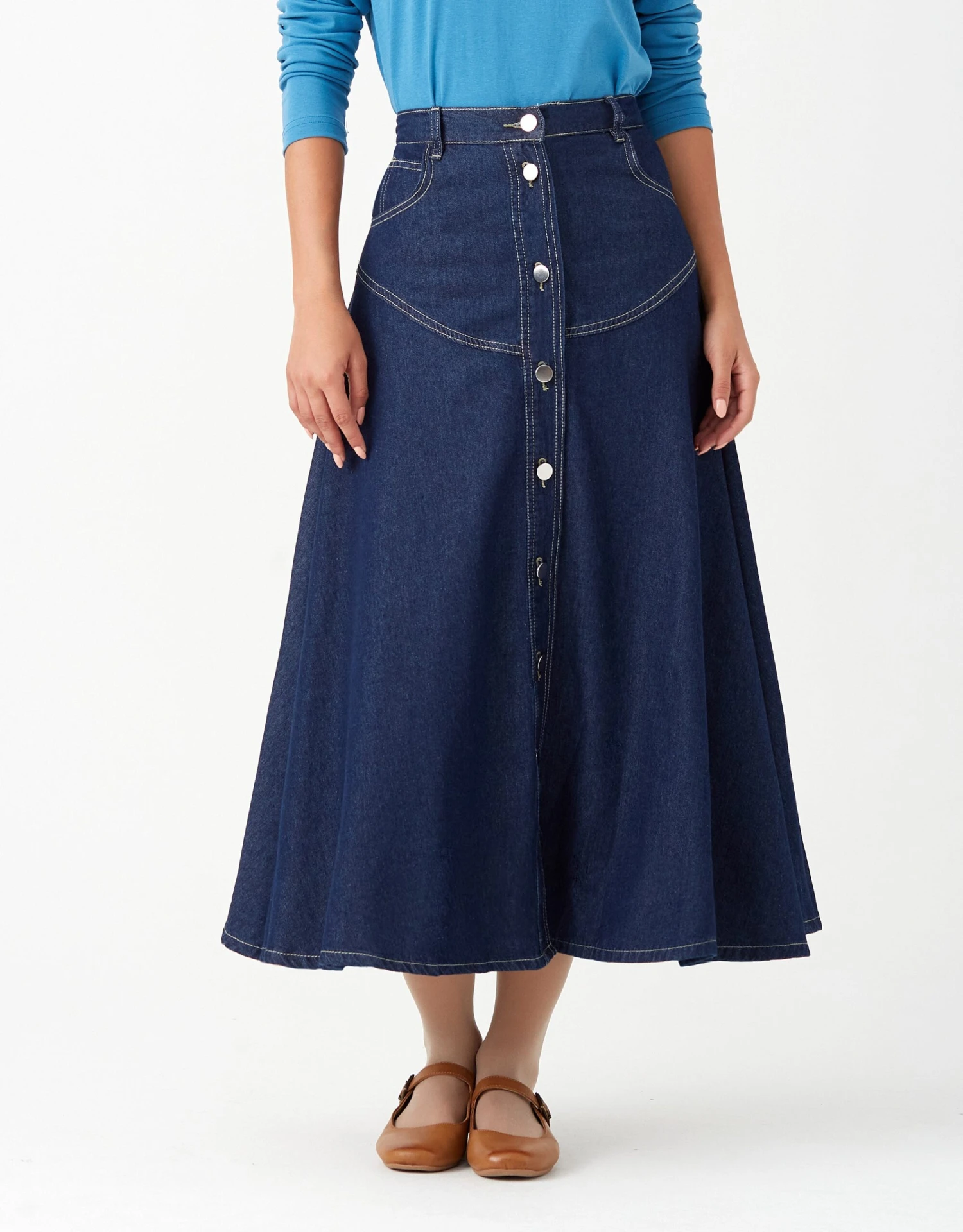 33" Western Stud Button Skirt Dark Blue Denim 1 33" Western Stud Button Skirt Dark Blue Denim