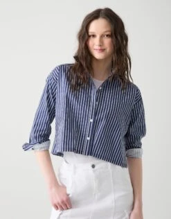 Fashionable Home Wear 39 Cactus Cropped Cotton Pinstriped Shirt With Pocket Blue