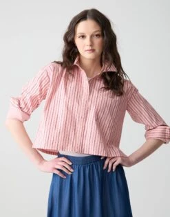 Fashionable Home Wear 41 Cactus Cropped Cotton Pinstriped Shirt With Pocket Pink